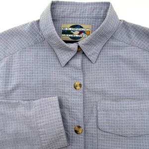 Ex Officio Button Up Womens 6/8 Blue Travel Wear Grid Roll Tab Vented Hiking
